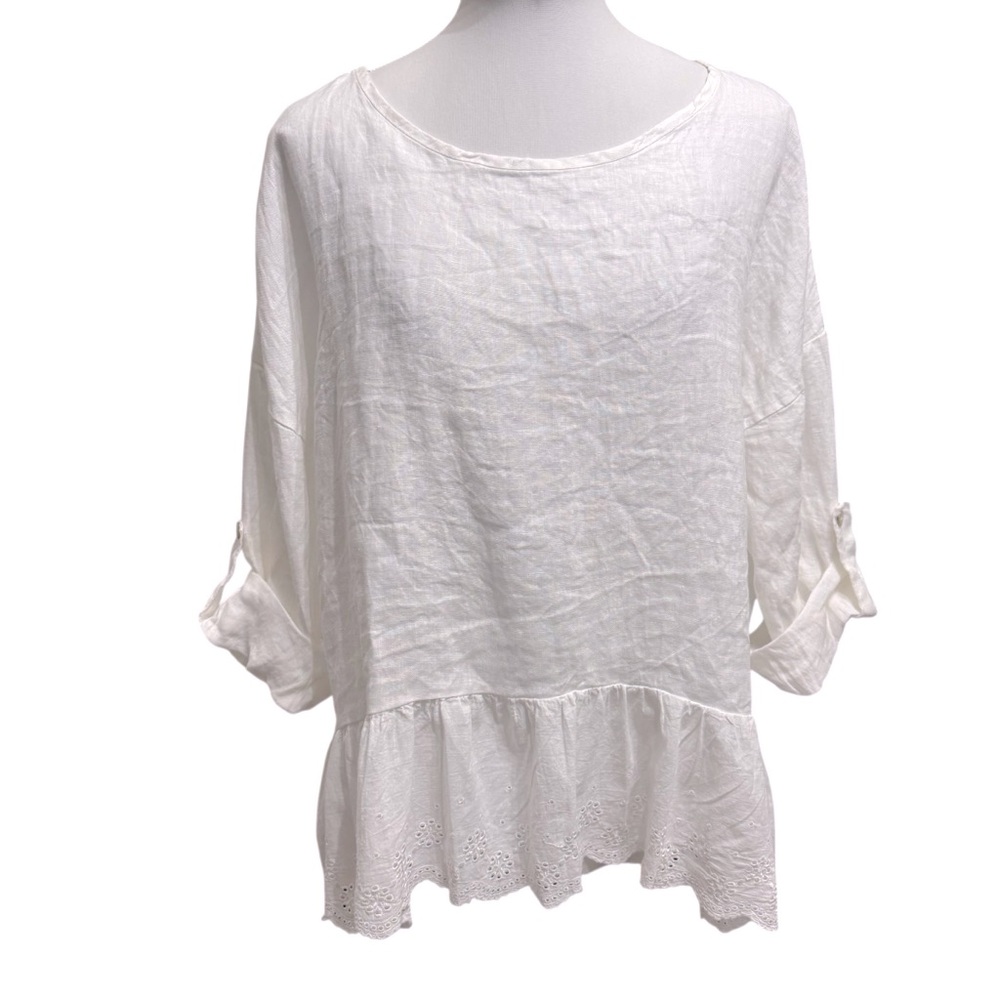 Bellambra White‎ Eyelet Linen Peplum Top Sz S NWT 3/4 Sleeve High Low Hem
